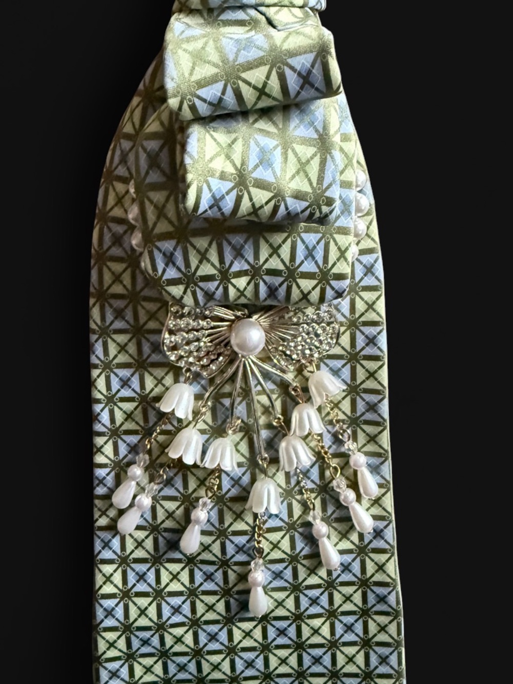 Geometric Green Blue Tie Necklace with Pearl Fringe Boho Chic Festival Vibes - Picture 3 of 4